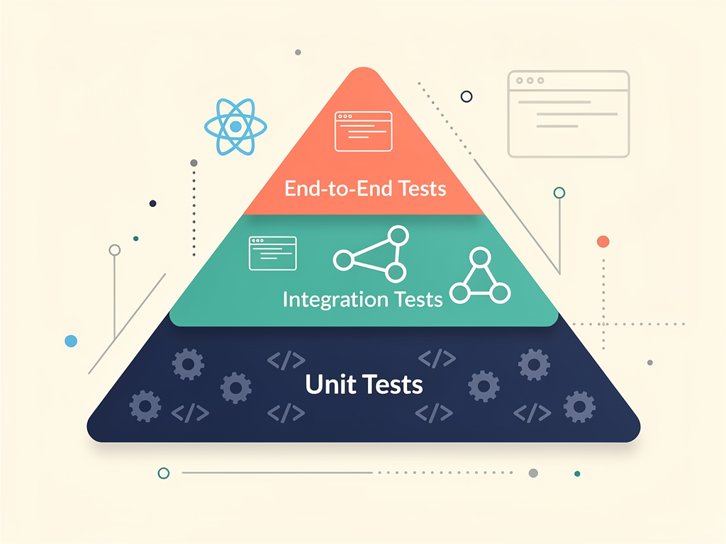 Testing pyramid diagram adapted for React applications showing unit tests at the base, integration tests in the middle, and end-to-end tests at the top, with example tools and test counts for each level in an infographic style