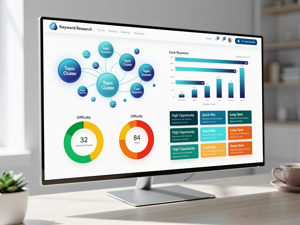 Dashboard screenshot showing an AI-powered keyword research interface with clustered topic groups, search volume trends, difficulty scores, and recommended content priorities displayed in an organized grid layout with color-coded opportunity indicators