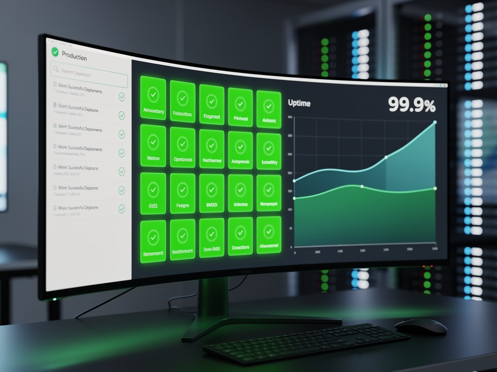 Production deployment dashboard showing green status indicators for all systems, uptime percentage graph at 99.9%, and recent deployment history with successful build notifications, displayed in a monitoring tool interface