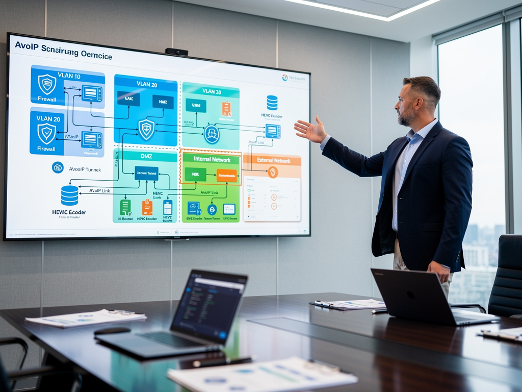 A detailed network topology diagram displayed on a large wall-mounted screen showing AVoIP endpoints, VLANs, firewalls, and security zones, with a consultant pointing to specific segments during a planning session