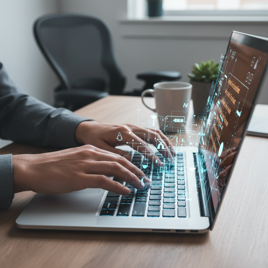 A close-up, high-angle shot of a pair of hands typing on a modern, illuminated laptop keyboard, with a subtle, glowing blue digital overlay emanating from the screen, suggesting system-wide autocorrection and AI assistance. The focus is on the hands and keyboard, with a slightly blurred background showing a contemporary office or home office setting. The color palette is cool blues and grays, with warm accents from the screen glow, conveying a professional and futuristic mood. This is a photorealistic editorial photograph.