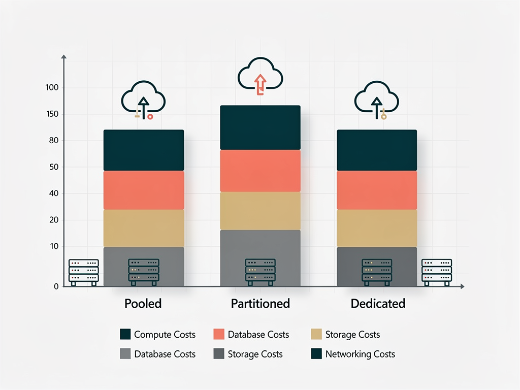 Cost comparison chart showing infrastructure costs across different isolation levels, with bars representing monthly costs for pooled, partitioned, and dedicated isolation models, including breakdown of compute, database, storage, and networking costs