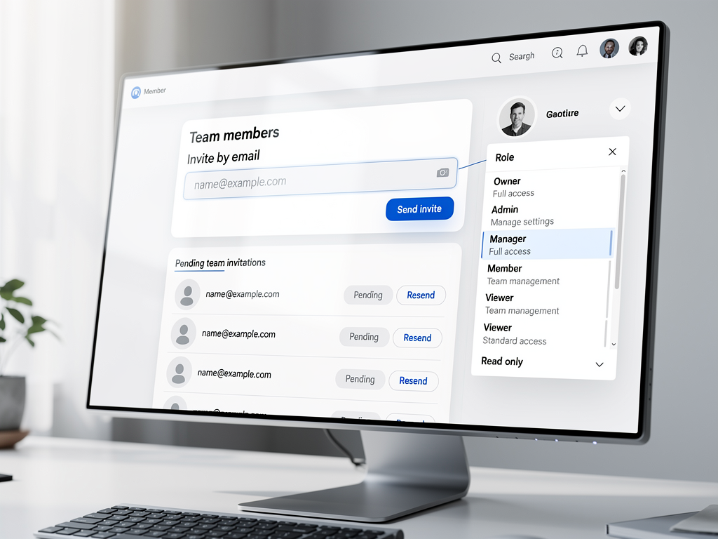 NextBuilder member dashboard showing user invitation interface with role selection dropdown displaying Owner, Admin, Editor, Viewer, and Guest permission levels, email input field, and pending invitations list in a clean card-based layout