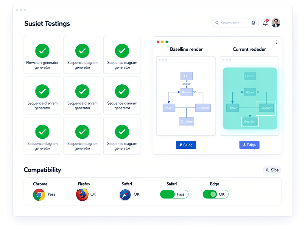 Testing dashboard showing green checkmarks for passing unit tests of diagram generators, visual regression test results comparing baseline and current screenshots, and browser compatibility matrix showing support across Chrome, Firefox, Safari, and Edge