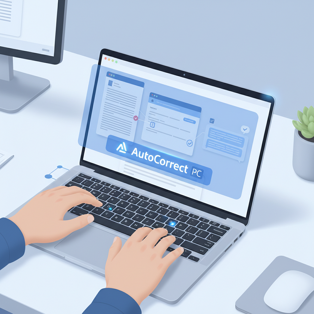 A person typing on a laptop with multiple application windows open, showcasing AutoCorrect PC's interface overlaying a document, email, and chat window, demonstrating system-wide functionality.