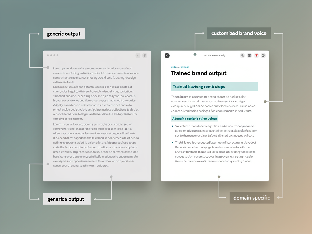 Split-screen comparison showing generic AI-generated content on left side versus brand-trained AI content on right side, highlighting differences in tone and terminology, professional document styling with annotation markers