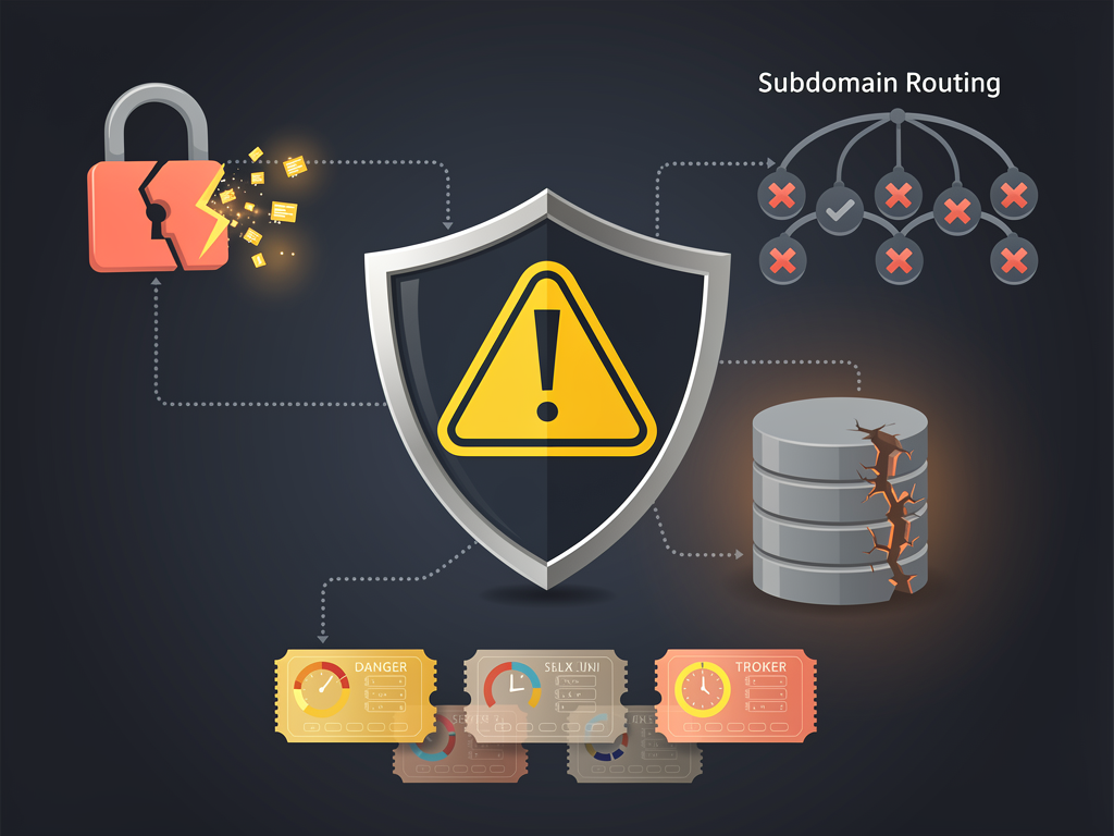 Warning signs and red flags diagram showing common multi-tenant authentication mistakes, with icons representing each pitfall type, brief descriptions, and severity indicators, designed as an educational infographic with a cautionary color scheme of yellows and reds