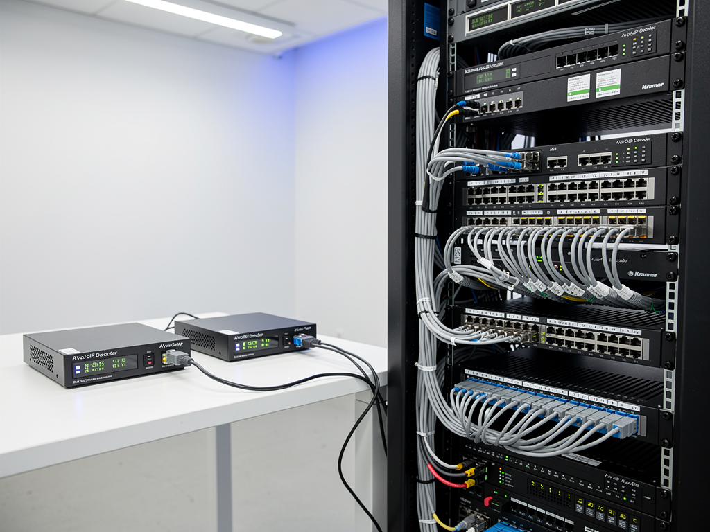 Split-screen comparison showing a direct encoder-to-decoder test setup on one side and a full network deployment on the other, illustrating the isolation testing methodology used in AVoIP troubleshooting