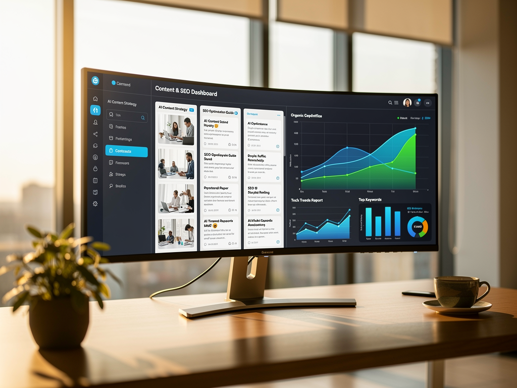 Modern content marketing dashboard showing AI-generated article drafts alongside SEO metrics including keyword rankings, organic traffic graphs, and content performance indicators, displayed on a large monitor in a bright office environment with soft natural lighting
