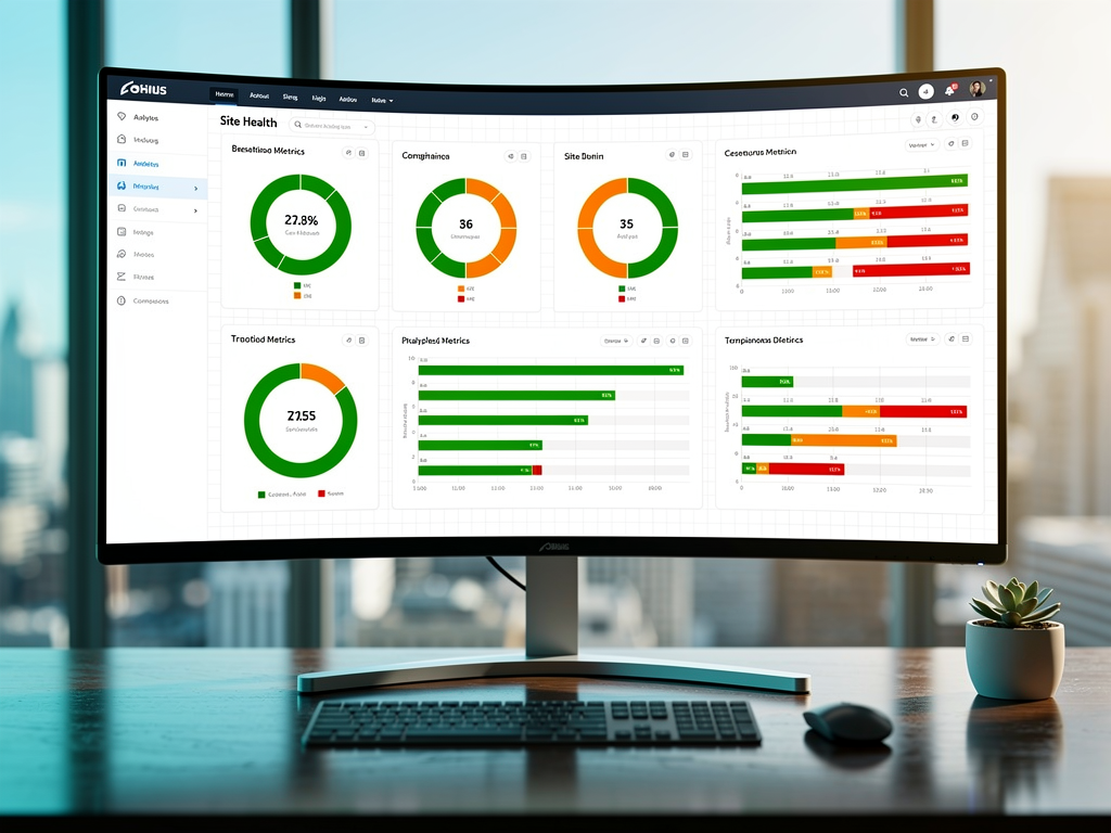 Technical SEO audit dashboard displaying site health metrics including crawl errors, page speed scores, mobile usability issues, and indexation status with green, yellow, and red indicators showing priority levels