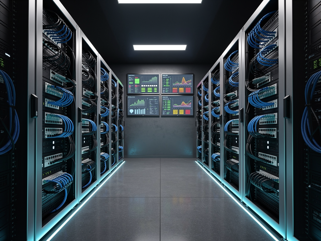 Server room visualization showing self-hosted infrastructure setup with multiple rack servers, network equipment, and monitoring displays showing system health metrics, cool blue LED lighting creating technical atmosphere