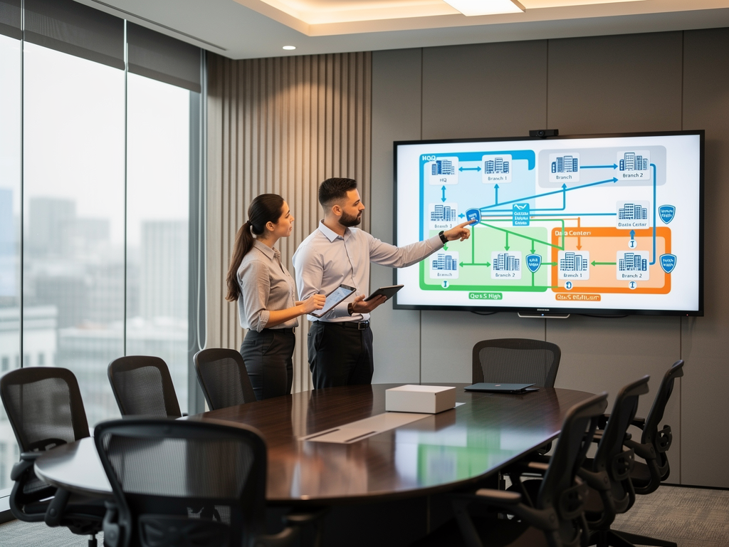 A detailed network diagram displayed on a large touchscreen in a conference room, showing interconnected sites with color-coded VLAN segmentation, QoS policies highlighted, engineers discussing the topology, bright professional lighting, modern corporate meeting space