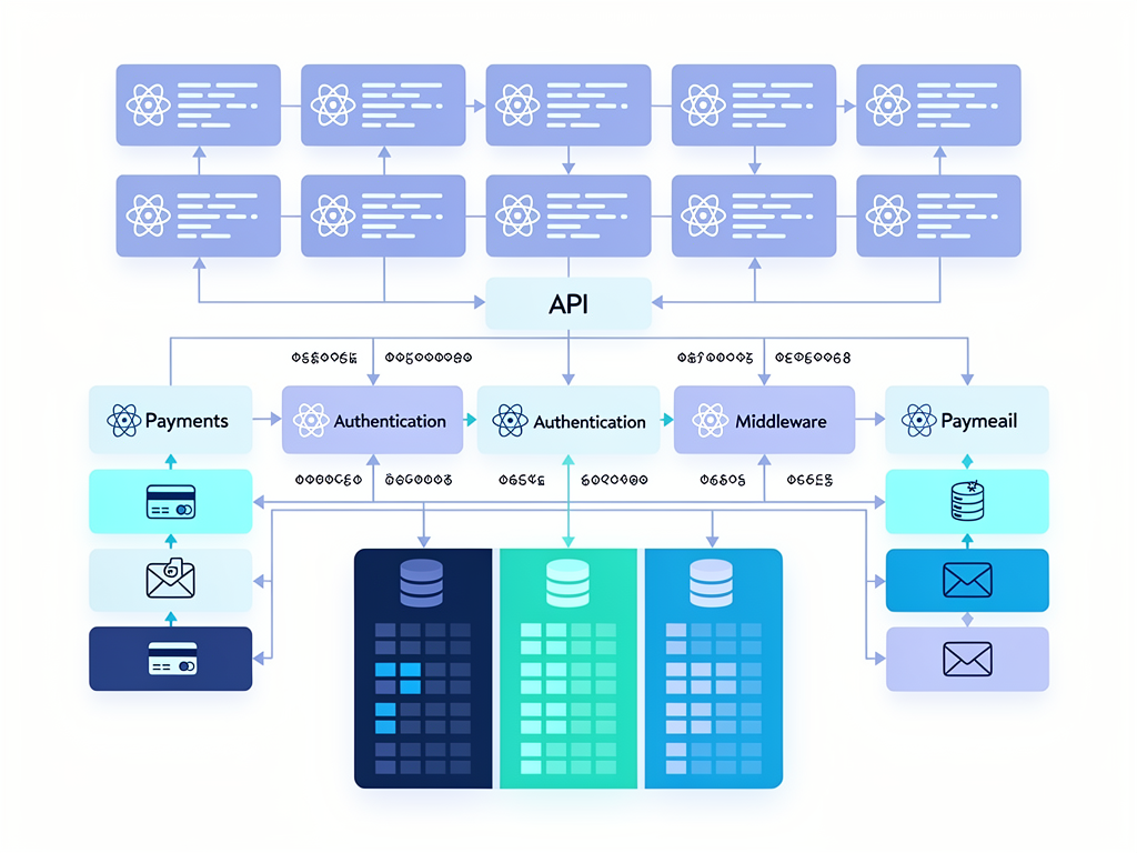 Architecture diagram for a SaaS application built with React, showing layers including React frontend components, API layer with authentication middleware, database with multi-tenant data separation, and external services for payments and email, using a clean technical diagram style with connecting arrows and labeled boxes