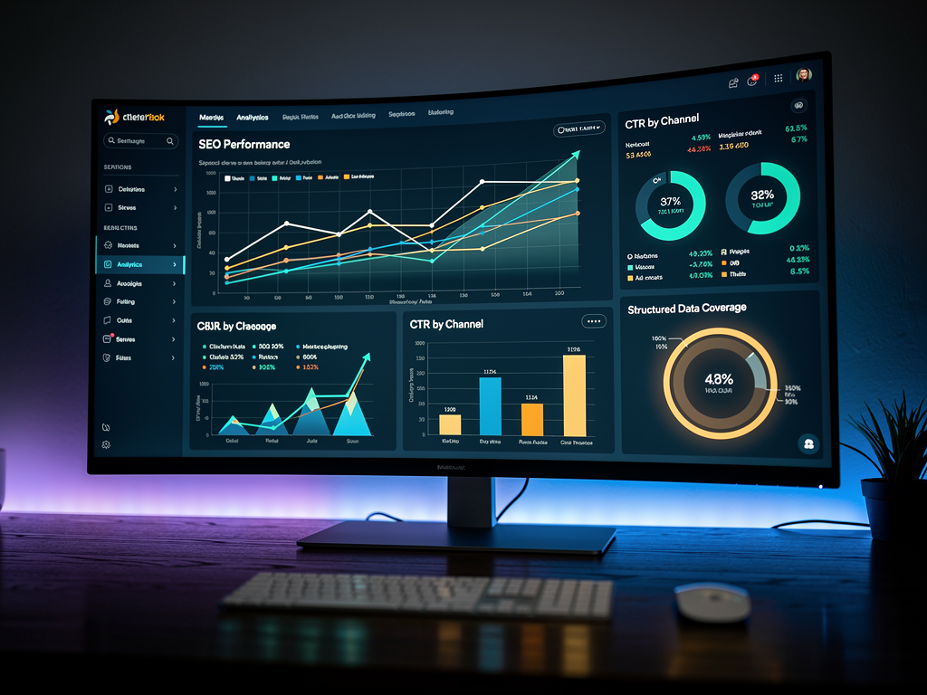 An analytics dashboard displaying structured data performance metrics including rich snippet impressions, click-through rate comparisons, and trend graphs over time, professional data visualization with charts and percentage indicators