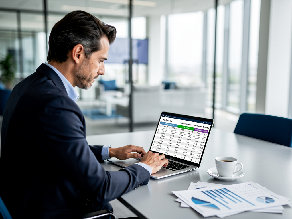 Finance professional reviewing a spreadsheet on laptop showing AVoIP system cost comparison with columns for hardware, installation, and maintenance costs, coffee cup and printed reports on desk, bright office setting