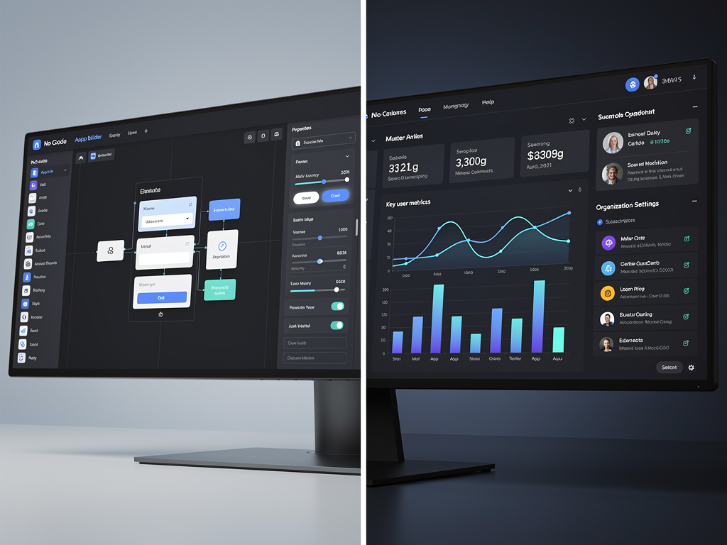 Split-screen comparison showing NextBuilder's no-code platform interface on the left with drag-and-drop app builder components, and MakerKit's traditional SaaS dashboard on the right with subscription management panels, both rendered in modern dark mode interfaces with blue accent colors
