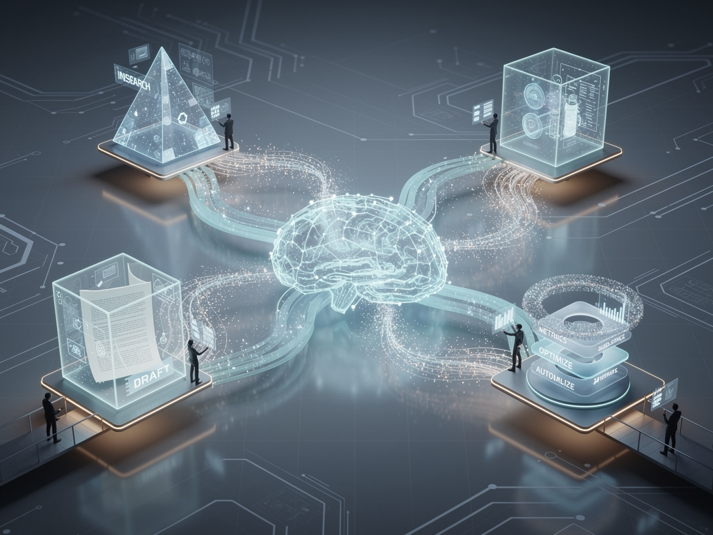 Futuristic visualization of AI-powered content optimization showing interconnected systems for research, writing, optimization, monitoring, and autonomous updates, with human oversight touchpoints highlighted, modern tech aesthetic with flowing data visualization elements