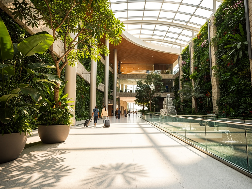 Modern airport terminal interior featuring lush indoor gardens with tropical plants, natural sunlight streaming through a curved glass ceiling, passengers walking through wide corridors with their luggage, creating a serene travel environment