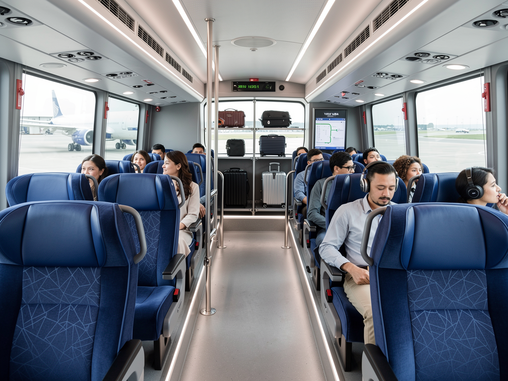 Interior view of a modern Vayu Vajra bus showing comfortable blue seats, air conditioning vents, and dedicated luggage storage area with passengers seated comfortably