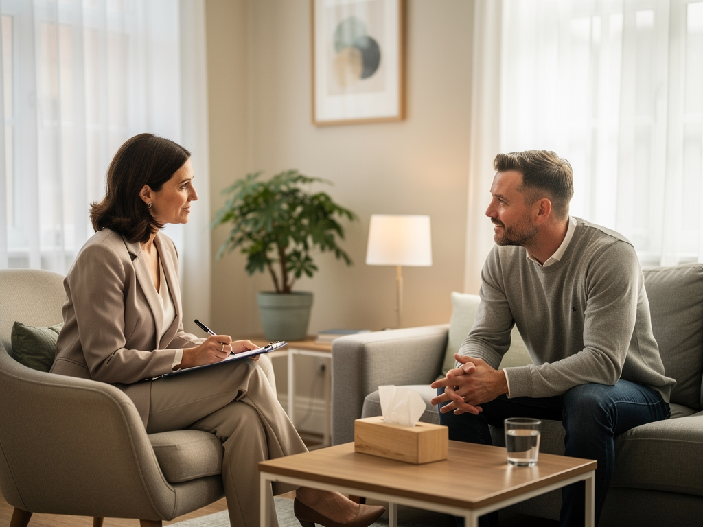 A therapist and client engaged in conversation in a modern British counselling office, both appearing relaxed and focused, with the therapist taking notes on a clipboard while maintaining warm eye contact, natural daylight illuminating the professional yet comfortable space