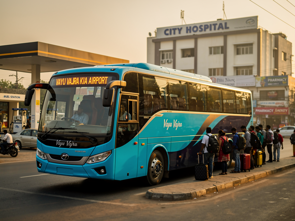 Modern BMTC Vayu Vajra Volvo bus in cyan-blue livery waiting at a busy South Bangalore bus stop during morning hours, with passengers queuing to board and urban buildings visible in the background
