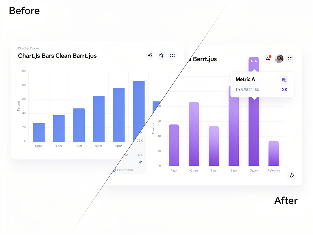 Before and after comparison showing a default Chart.js bar chart with standard blue colors and generic styling transformed into a branded version with custom purple gradient fills, rounded corners, custom font family, styled tooltips with company logo, and matching the overall SaaS application design system