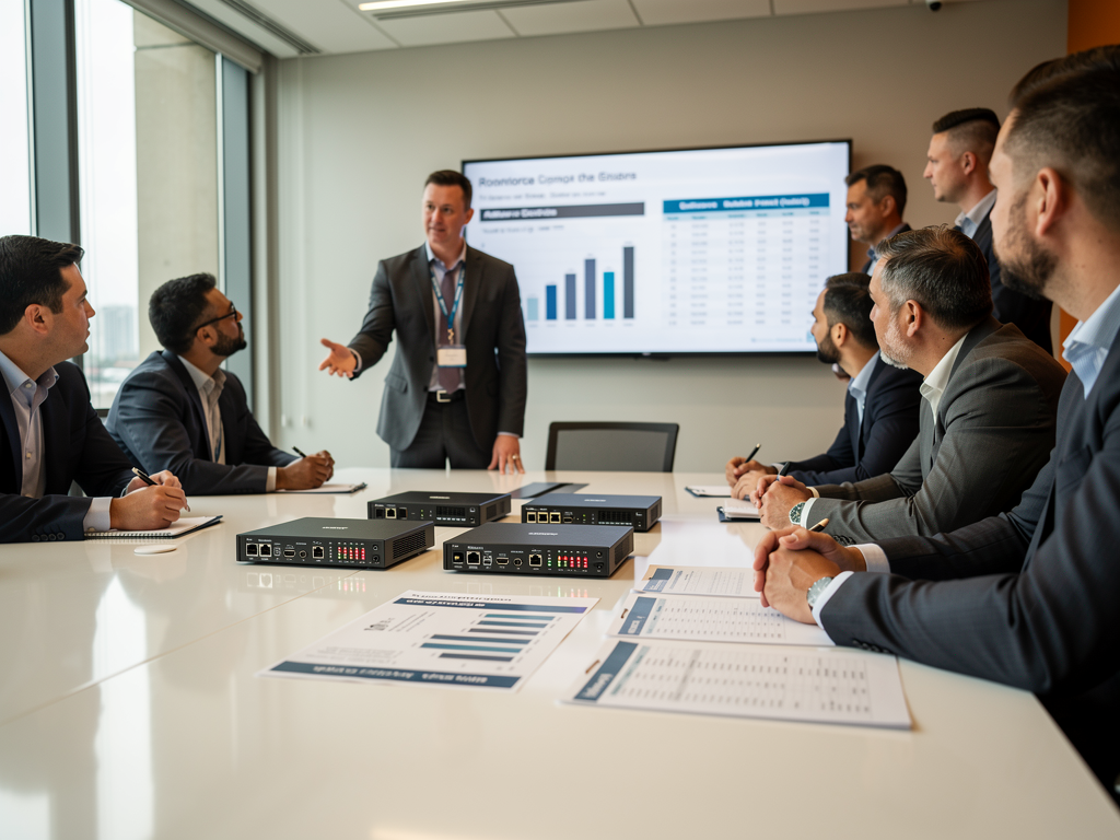 AV consultant presenting decoder options to corporate facilities team in modern meeting room, with product samples and specification sheets on table, collaborative discussion atmosphere with natural window lighting