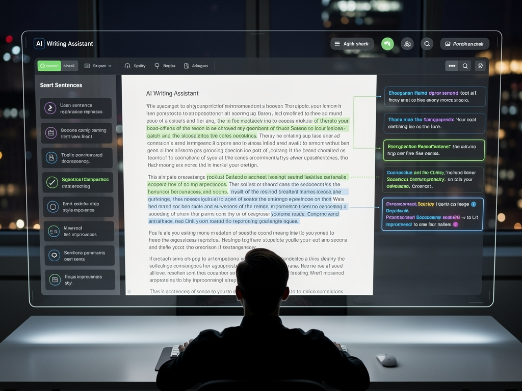 A futuristic interface showing a user interacting with an advanced AI writing assistant, with contextual suggestions and proactive grammar checks appearing seamlessly on screen.