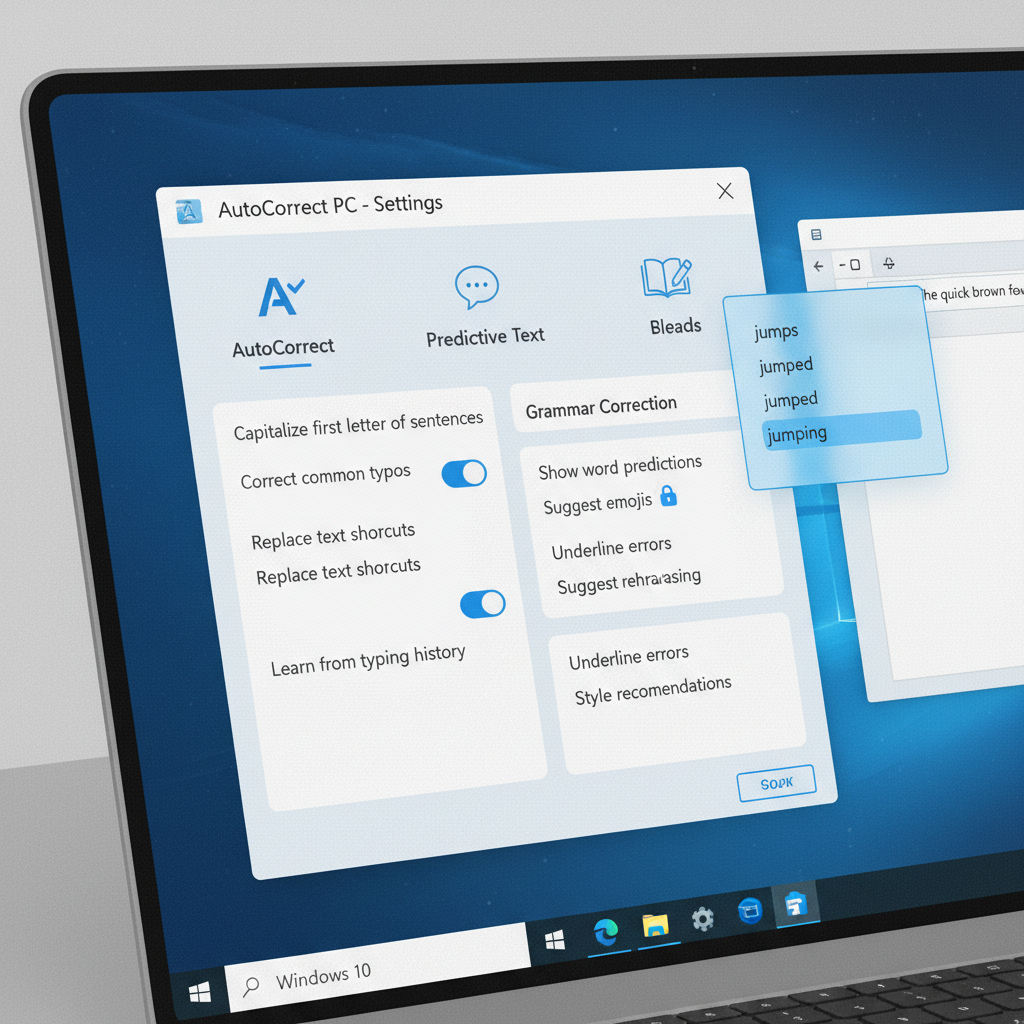 A screenshot of the AutoCorrect PC application interface showing settings for autocorrect, predictive text, and grammar correction, with a small pop-up window demonstrating a real-time word prediction in a text editor.