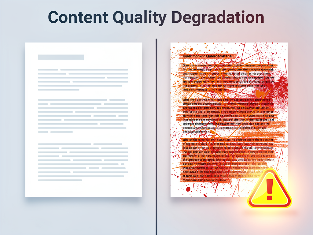 A before and after comparison showing a paragraph of natural, readable text on the left transformed into keyword-stuffed, awkward prose on the right, with highlighted instances of forced keyword insertion and a warning indicator showing spam score increase