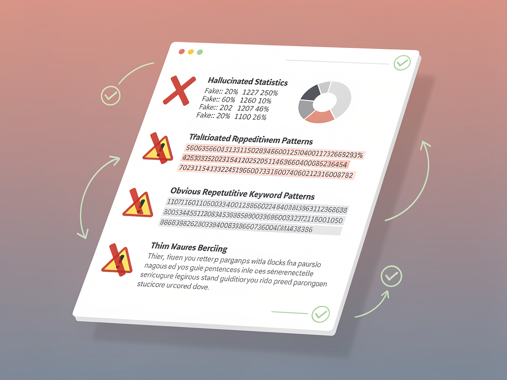 Warning infographic showing common AI content mistakes including hallucinated statistics, over-optimized keyword stuffing, duplicate content patterns, and thin content examples with red X marks and correction suggestions