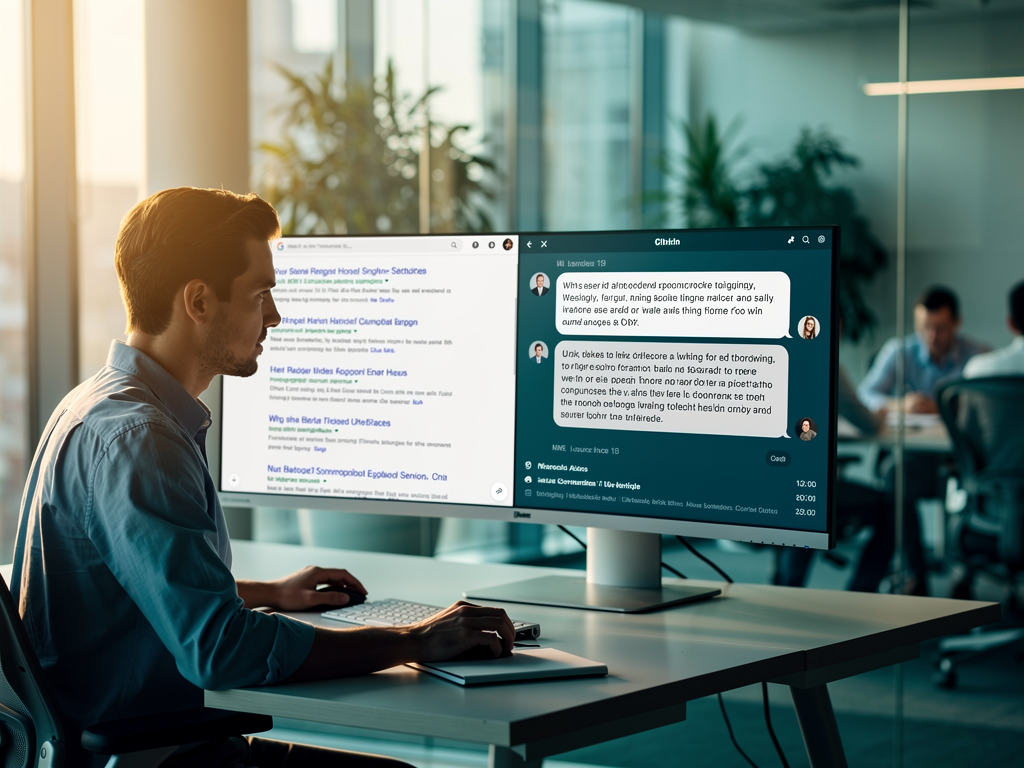 Professional marketer reviewing content performance metrics on a laptop screen showing improved search visibility graphs and AI citation tracking data, with a satisfied expression in a modern office environment with natural lighting