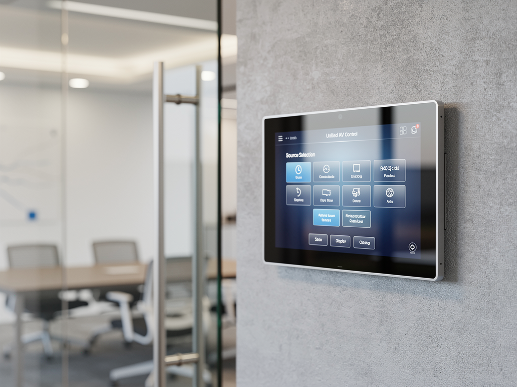 A touch panel control interface mounted on a conference room wall showing a unified AV control layout with source selection buttons and display controls, modern minimalist design, warm office lighting, clean corporate aesthetic
