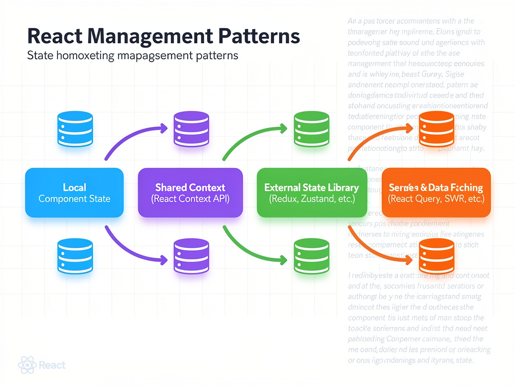 Flowchart showing React state management patterns, with boxes representing different approaches including useState for local state, Context API for shared state, and external libraries like Redux and Zustand for global state, with arrows showing data flow between components and state stores, using a clean infographic style with color-coded sections