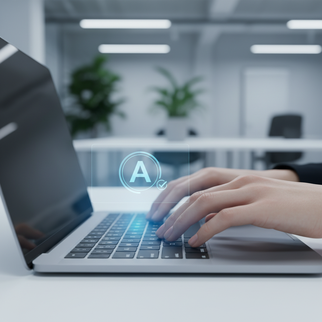 A close-up shot of a pair of hands typing on a modern laptop keyboard, with a glowing, subtle blue light emanating from the screen reflecting onto the fingers, suggesting advanced technology and efficiency, a small, transparent, holographic overlay above the keyboard displays a subtle "A" icon with a checkmark, symbolizing autocorrection, the background is a softly blurred, minimalist office environment, the color palette is cool blues, grays, and whites, conveying a professional and clean aesthetic, a photorealistic editorial photograph with a shallow depth of field.