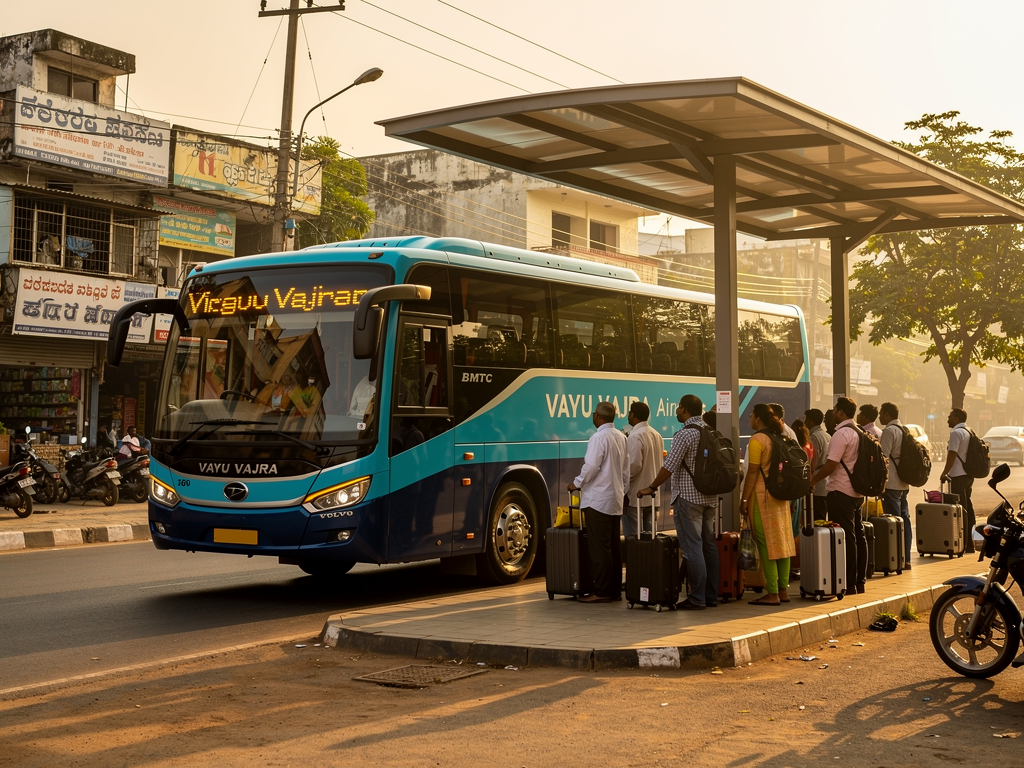 A busy South Bangalore bus stop during morning hours with commuters waiting under a covered shelter, urban storefronts visible in background, warm morning sunlight casting long shadows, street-level perspective showing the organized queue of passengers