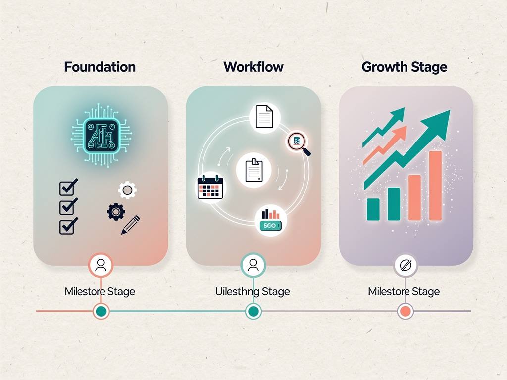 Three-phase implementation timeline displayed as horizontal roadmap with milestone markers, phase one showing foundation elements like tool selection and training, phase two depicting workflow integration with connected system icons, phase three illustrating scaling with upward growth indicators, professional project management visual style