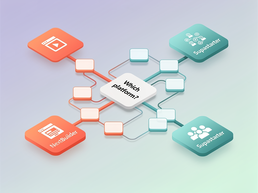 Decision flowchart starting with 'What are you building?' branching into 'No-code platform where users create apps' leading to NextBuilder, and 'Traditional SaaS with team subscriptions' leading to supastarter, with additional decision nodes for custom domains and framework preferences