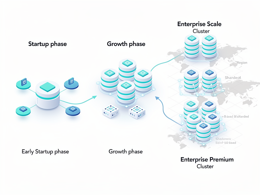 Scalability diagram showing multi-tenant platform architecture at different growth stages, from startup with single database to enterprise scale with sharded databases, multiple regions, and dedicated enterprise tenant clusters