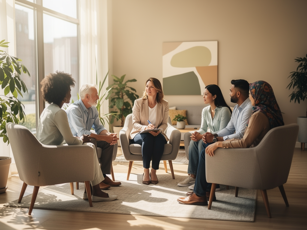 A diverse group therapy session in progress within a bright community mental health centre, showing five adults of varying ages seated in a circle on comfortable chairs, engaged in supportive discussion, with a facilitator holding a clipboard, natural daylight streaming through large windows