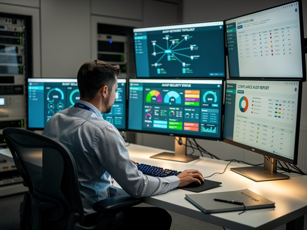 IT security professional conducting a system audit at a workstation with multiple monitors displaying security dashboards and compliance reports, focused lighting on the workspace with a government facility badge visible, suggesting official security review processes