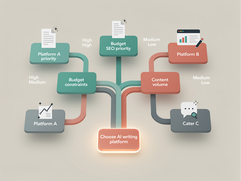 Decision flowchart showing platform selection criteria with branches for SEO priority, budget constraints, volume requirements, and automation needs, clear pathway visualization