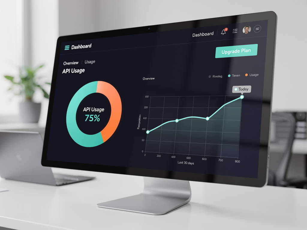 Tenant dashboard showing API usage analytics with circular progress indicator for current usage, line chart showing usage trends over the past 30 days, and prominent upgrade button for increasing rate limits