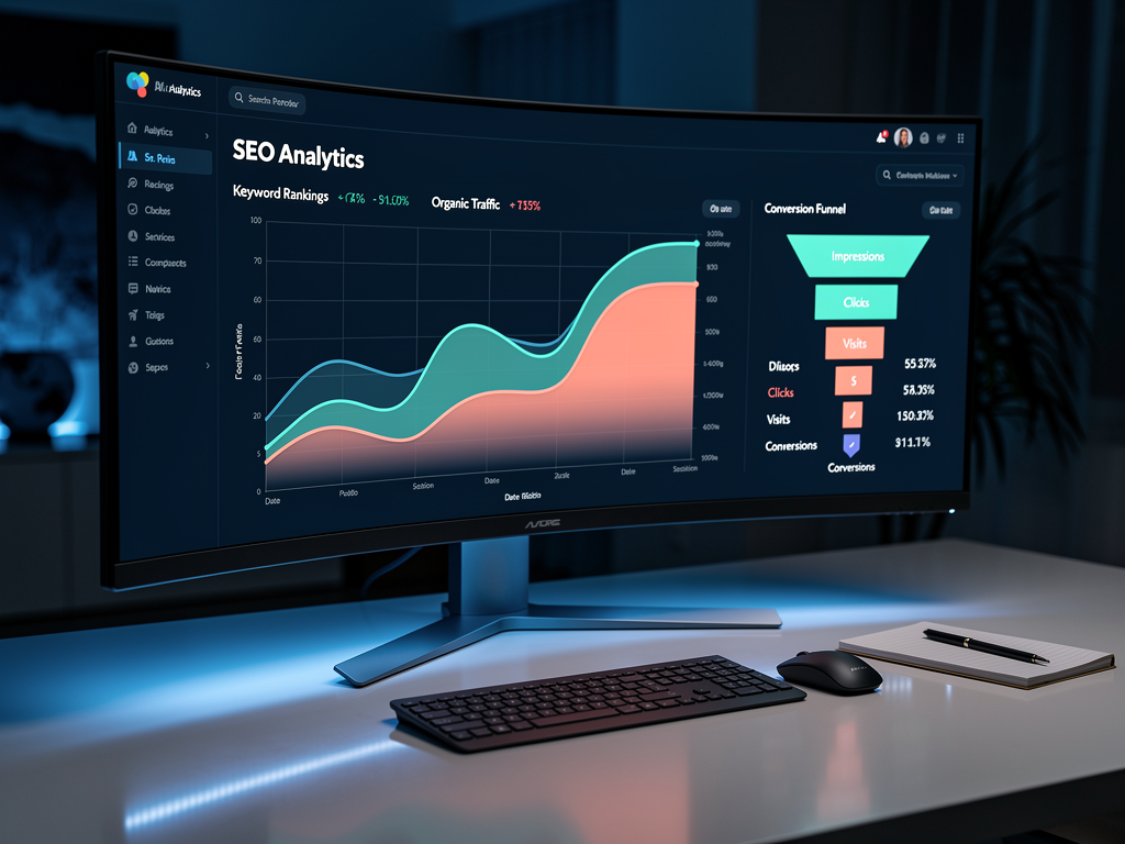 Analytics dashboard displaying SEO performance metrics including keyword ranking trends, organic traffic graphs, and conversion funnels with month-over-month comparisons and goal completion indicators