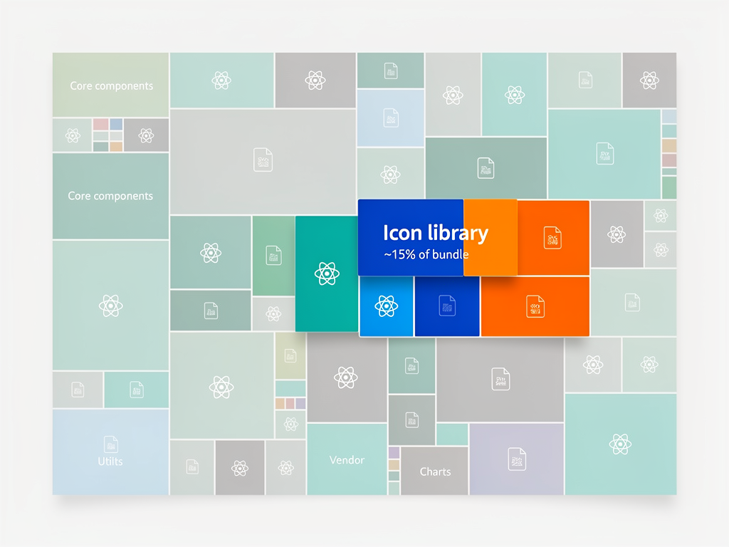 Performance monitoring dashboard showing bundle size analysis with icon library contributions highlighted, displaying a treemap visualization of JavaScript bundle composition with icons representing approximately 15% of total size