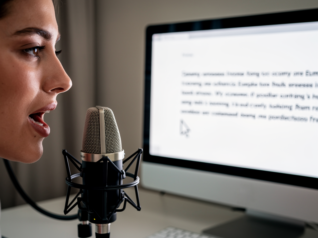 A person speaking into a microphone, with a computer screen displaying text appearing in real-time as they dictate.