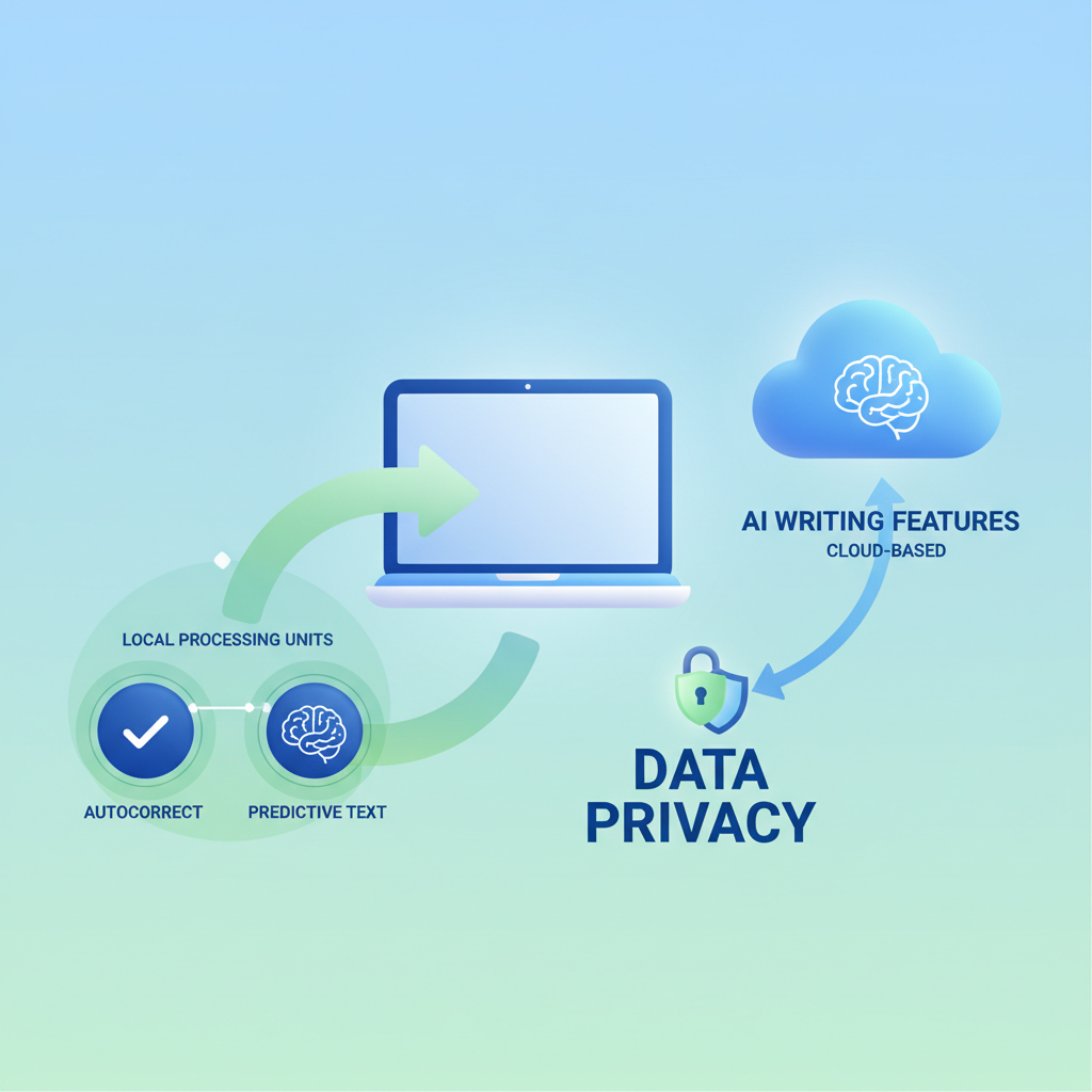 A stylized diagram showing a laptop icon with arrows pointing to local processing units for autocorrect and predictive text, and a separate arrow pointing to a cloud icon only for AI writing features, emphasizing data privacy