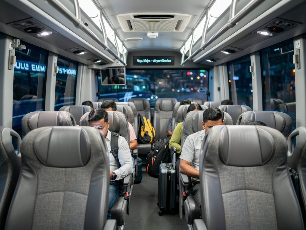 Interior view of a BMTC Vayu Vajra Volvo bus showing comfortable seating, air conditioning vents, and passengers traveling to Bangalore airport