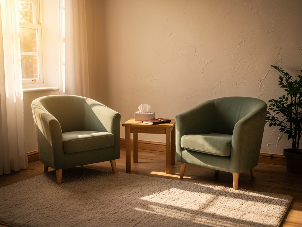 A warm, naturally lit therapy room in the UK with two comfortable armchairs facing each other, soft neutral tones on the walls, a small side table with tissues and a notepad, creating an inviting and safe space for confidential conversations about personal growth and self-worth