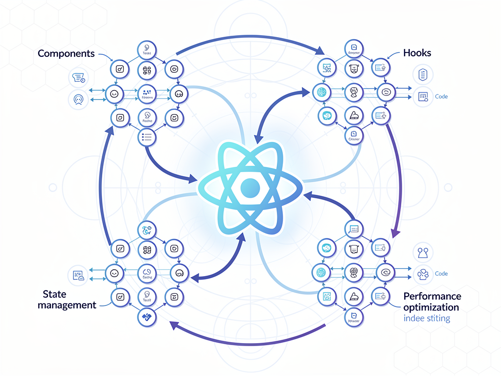 Infographic showing the core React concepts hierarchy with interconnected nodes representing components, hooks, state management, and performance optimization, displayed in a clean modern design with blue and purple gradient colors against a white background